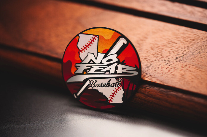 No Fear Baseball custom trading pin with crossed bats on a wooden bench
