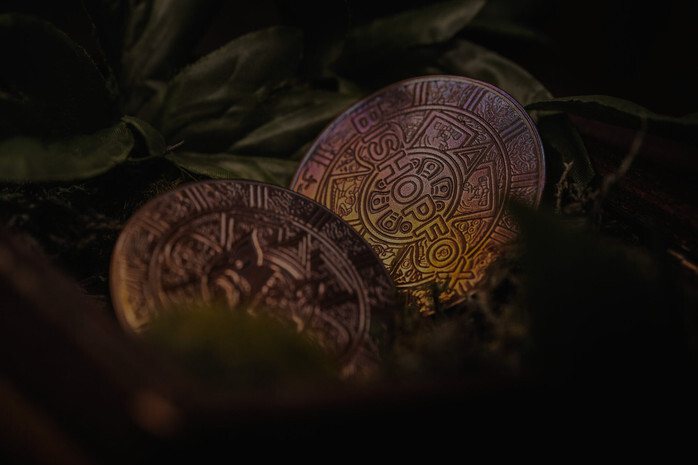 Two antique-finish custom challenge coins resting on dark leaves